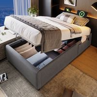 Einzelbett 90x190 cm Mit Bettkasten Und Integrierten USB-Anschlüssen, In Grauer Baumwolle