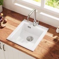 CECIPA MAX Lavello da cucina in ceramica 45 x 50 cm, vasca singola con sifone e troppopieno, lavello da appoggio da 45 cm, lavello in ceramica bianca