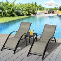 Lot de 2 bains de soleil design contemporain table basse plateau verre trempé métal époxy textilène gris