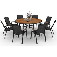Idmarket – Ensemble table ronde 150 cm en verre trempé effet bois – 8 chaises empilables en textilène noir et bois – Pour repas en extérieur
