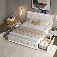 Lit double 140x190 cm, cadre de lits avec 4 tiroirs et sommier à lattes, tête de lit LED avec compartiment de rangement et 2 USB, lits capitonné pour adolescents, beige
