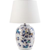 Lámpara de mesa elegante con base de porcelana con diseño floral pantalla de campana de lino iluminación blanco y azul Sunja