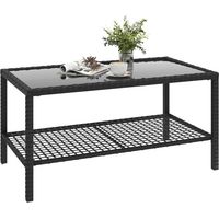 Tavolino da Caffè a 2 livelli con Piano in Vetro Temperato e Ripiano, in Acciaio e Rattan, 92x50x45 cm, Nero