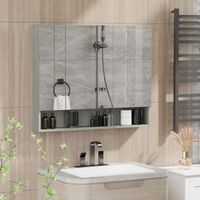 Badezimmer-Wandschrank mit Spiegel, 3-türiger Spiegelschrank, verstellbare Einlegeböden, 90 x 15 x 75 cm, grau