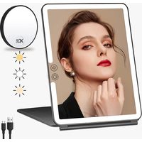 Espejo de maquillaje con aumento de 10x y luz, lámpara LED recargable por USB de 1500 mAh, espejo de viaje con pantalla táctil (negro)