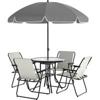Set da Giardino 6 Pezzi Acciaio 4 Sedie Pieghevoli Ombrellone Tavolo Rotondo Crema Grigio Nero