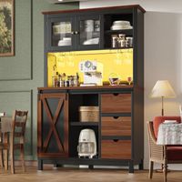 Küchenhochschrank mit Glasschiebetür und Verstellbaren Einlegeböden, LED, für Küche, MDF Metall Glas, Schwarz 104×40×180 cm