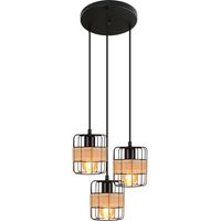 ZMH Lampada a sospensione vintage E27 in rattan Lampada da tavolo da pranzo retrò Lampada da soggiorno a 3 luci nera in metallo paralume rustico
