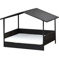 PawHut Rattan Hundeliege Outdoor mit Dach, Erhöhtes Hundebett 69 x 98 x 70 cm Kühlendes Haustierliege mit Metallrahmen, Abnehmbare Kissen Hautierbett für kleine und mittelgroße Hunde, Kaffee-Braun