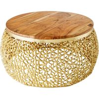 Table basse METRIX ronde 72 cm dorée avec plateau en bois d'acacia – Table basse design en aluminium et bois massif