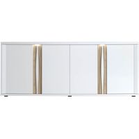 Buffet 4 portes avec éclairage LED 200,5x57x87 cm – Panneaux de particules laqués et chêne naturel – Style scandinave blanc et chêne – Sciae