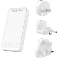 Celly TCTRAVELUNI65W - Cargador universal de viaje, carga rápida con tecnología GaN, toma múltiple para ahorrar espacio, enchufe USB-C y USB-A, adaptador universal EU/UK/AUS/US