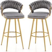 Costway – Tabourets de bar pivotants lot de 2 – Chaise haute en velours avec dossier tissé – Hauteur d'assise 73 cm – Cadre en métal doré – Repose-pieds circulaire