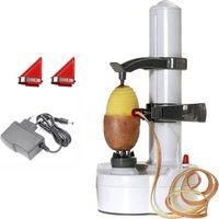 Pelamatic - Pelapatate Automatico Design Sicuro 2 Lame Aggiuntive Base Antiscivolo Sbuccia Patate e Mele Pela Patate Professionale Sbucciatore Elettrico, Bianco, Acciaio Inox e Plastica