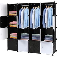 16 Cube Organizer Stackable Plastic Cube Storage Shelves Design Multifunctional Modular Closet Cabinet with Hanging Rod Black and White