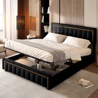 Letto contenitore imbottito 140x200 cm, con spazio di stoccaggio idraulico, bordi dorati, rete a doghe, letto matrimoniale in velluto - Nero