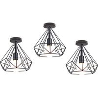 Deckenleuchte Vintage Semi-Flush Mount Deckenlampe mit Diamant Form Käfig Antik Licht E27 Lampenfassung für Loft Esszimmer Schlafzimmer Schwarz 3PCS
