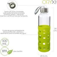 ORYX Bouteille d'eau en verre avec couvercle en caoutchouc et bouchon anti-goutte, 500ml, sans BPA