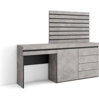 Skraut Home - Schminktisch, Frisiertisch mit Stauraum, 177x145x35 cm, mit Schublade, Kommode mit Schubladen, Lamellenwand Holz, Moderner Stil, Zementgrau