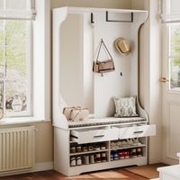Flurmöbel-Set 100x80x180 cm - mit Spiegel - Garderobe - 4 Haken - Kleiderstange und Schuhregal - Moderne Flurmöbel - Weiß