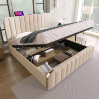Letto contenitore 160x200 cm - Letto matrimoniale, letto imbottito, con testiera imbottita a strisce dorate e ricarica USB Type-C - Lino beige - Senza materasso