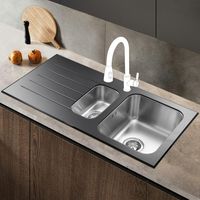 JASSFERRY Glossy Black Glass Top Kitchen Sink Stainless Steel 1.5 One Half Bowl Left Hand Drainer, 1000 X 500 mm