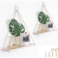 Set of 2 Rustic Distressed Wood Hanging Shelves with Rope and Hooks