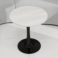 27.6-inch black coffee table, mid-century modern style dining table, suitable for 2-4 people, featuring a round marble tabletop with a white veined finish, perfect for various settings.