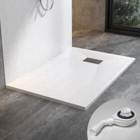 WITEN&NOCK design SMC Duschwanne Duschtasse mit Edelstahl Abflussrinne mit siphon, Steinoptik, weiß, 120x90 cm