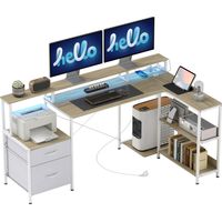 Bureau d'angle avec prises et lumières LED RGB. bureau d'ordinateur. 172 x 100 cm. support d'écran. 2 tiroirs. blanc
