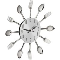 Relaxdays Reloj Pared Diseño Cubiertos, Reloj Cocina, Cuchara, Tenedor, a Pilas, Silencioso, Ø 31 cm, Metal, Plateado