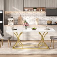 Grande Table à Manger 200x80 cm Effet Marbre pour 8-10 Personnes - Pieds Réglables Dorés - Design Moderne