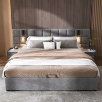 Lit de rangement hydraulique 160200 cm, avec lumière directionnelle et chargeur USB, sans tête de lit, velours, gris