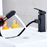 Schwarzer Waschtischmischer mit ausziehbarer Edelstahlbrause, Einhebelmischer für Warm- und Kaltwasser, Schläuche inklusive.