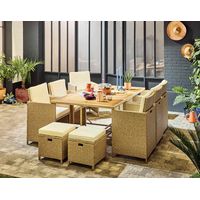 Bestmobilier – Salon de jardin encastrable 10 places en résine tressée beige – Coussins déhoussables – Housse de protection incluse – Plateau en acacia