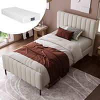 Lit simple capitonné 90 x 200 cm, cadre de lit avec sommier à lattes et tête de lit réglable, lit capitonné gris-beige, cadre de lit pour chambre d'enfant ou chambre d'amis - revêtement en lin (avec m