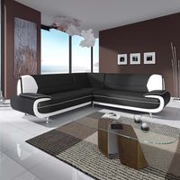Mobilier Deco – Canapé d'angle 5 places en simili cuir noir et blanc – Pieds chromés – Design moderne pour salon