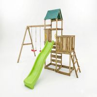 MaxPlay Holzklettergerüst mit zwei Spieltürmen, Doppelschaukel und Rutsche, mit Foliendach