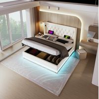Letto con contenitore in PU bianco 160x200 cm, LED 3 lati, testiera imbottita con USB e Type-C