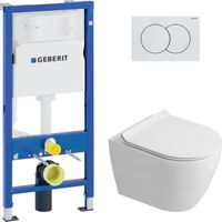 Geberit – Pack WC bâti-support UP100 – Cuvette sans bride Ceramia – Abattant SoftClose – Plaque blanche – GEBCEPXWT08FR