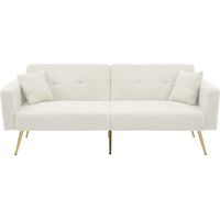 Canapé-lit avec fonction couchage, angle réglable, pieds dorés, incluant coussins et poches de rangement latérales.