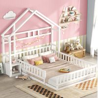 Cama infantil 140/200 cm blanca de pino y MDF con forma de casa, barandilla y mesita