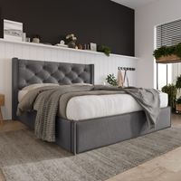 Letto contenitore 140x200 cm, letto per bambini, letto per adulti, letto imbottito con rete a doghe metalliche, cotone, grigio, senza materasso