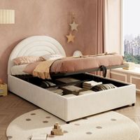 Lit rembourré en velours beige 140 x 200 cm – lit junior avec sommier à lattes en bois, tête de lit intégrée, montage facile, adapté aux enfants, adolescents et adultes