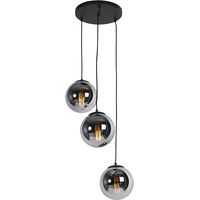 Qazqa – Suspension Art déco noire avec verre fumé 3 lumières – Hauteur réglable 60-120 cm – Douille E27 – Pour intérieur – Max 3 x 25W