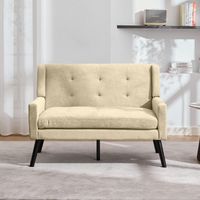 Banc premium en lin 2 places avec pieds antidérapants en bois massif et coussins en mousse haute densité – chaise d'appoint capitonnée à boutons pour salon, chambre et bureau