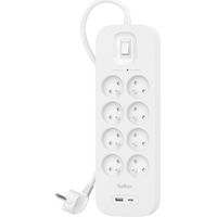 Belkin Ciabatta elettrica a 8 prese con protezione da sovratensione, montaggio a parete, 8 prese, cavo di alimentazione da 2 m, indicatore luminoso verde, porta USB-C e USB-A con USB-C PD per ricarica