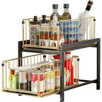 Under Sink Storage 2 Tier Sliding Organizer with 2 Spice Rack Drawers for Kitchen Countertop Organizer for Bathroom, Kitchen, Office (Regular, BlackGold)