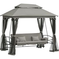 Silla columpio de jardín convertible de 3 plazas, estilo colonial, máxima comodidad, incluye 5 cojines, colchón y mosquiteras, 2,56 m de largo x 1,72 m de ancho x 2,48 m de alto, color gris.