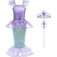Deguisement Robe Princesse Ariel Costume de Sirène pour Enfant Fille, Ariel Robe Inclus Couronne avec Baguette Magique, Deguisement Sirene pour Filles fête d'anniversaire Halloween Carnaval